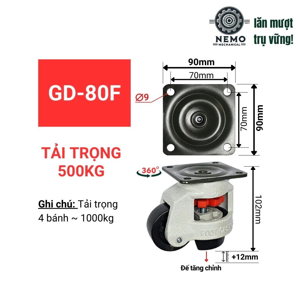 Bánh xe liền chân tăng chỉnh độ cao/thấp cho thiết bị y tế, bàn máy, tủ điện, tải trọng 50-750kg